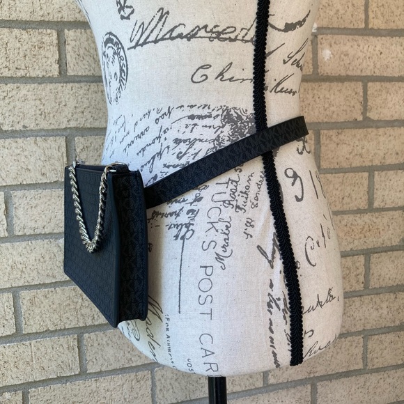 Michael Kors Black Logo Print Belt Bag Fanny Pack With Silver Pull Chain Small - Picture 17 of 17